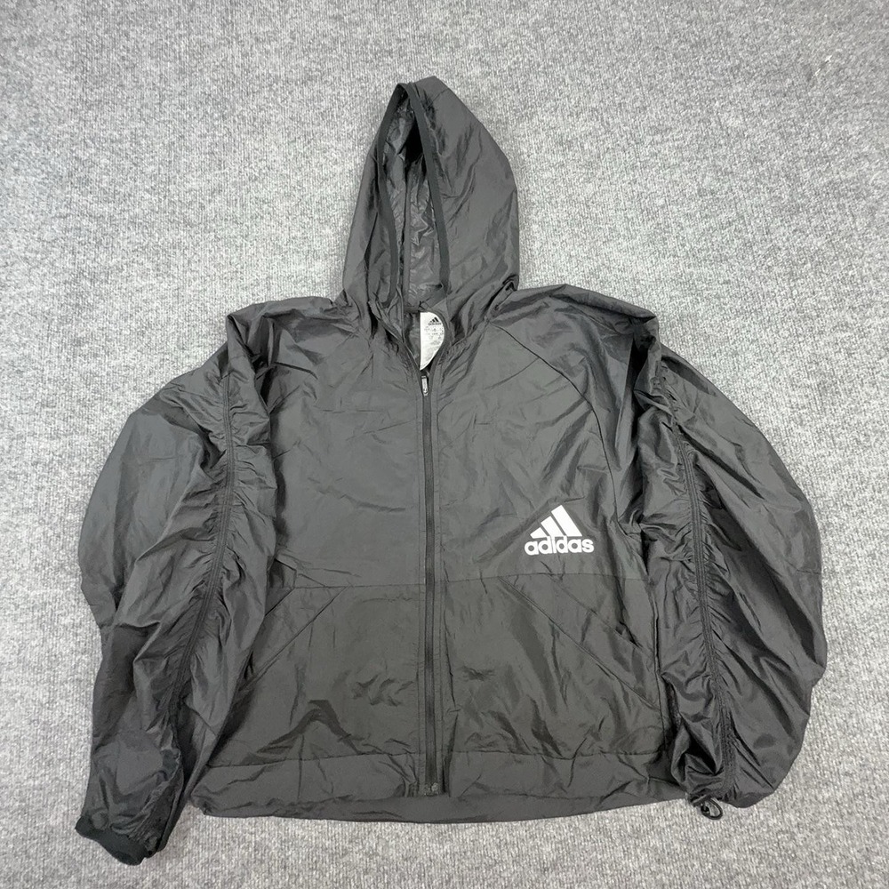 Adidas Jacket Womens Small Black Hooded Full Zip Lightweight Windbreaker Logo